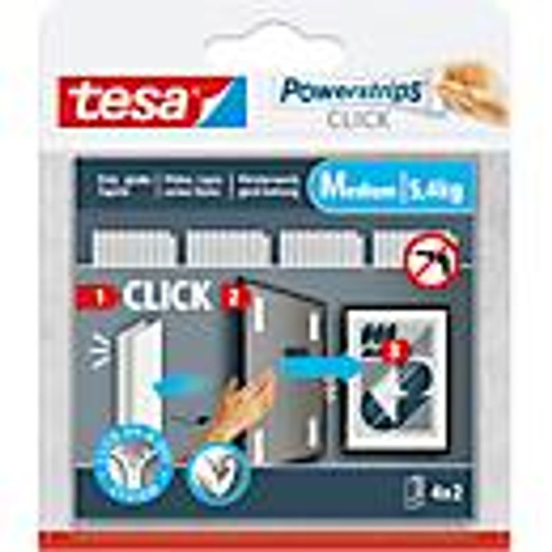 Tesa Powerstrips CLICK Medium selbstklebende Wandbefestigung 4 x 2 Stück, Belastbarkeit bis 5,4 kg, Maße: Länge: 80 mm, Breite: 20 mm - Bild 3