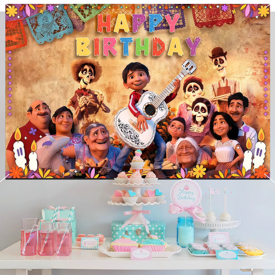 Mexikanisches Papel Picado Geburtstagsbanner im Disney Coco Stil mit Blumen und Kerzen, Multicolour, Motiv Tag der Toten Fotokabinen-Hintergrund - Bild 2