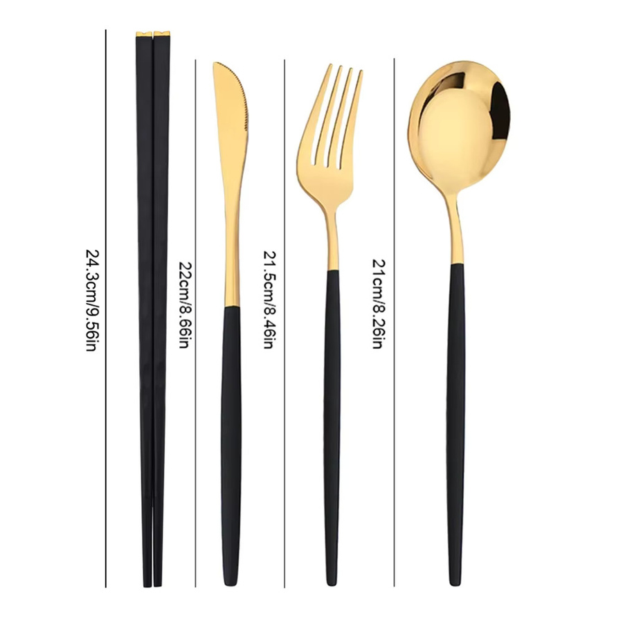 PINKTEN Koreanisches Besteckset aus Edelstahl in Schwarz und Gold, 20-teiliges Luxus-Set mit Messer, Gabel, Löffel und Stäbchen - Bild 3