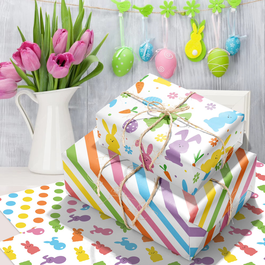 6 oder 12 Stück Frohe Ostern Geschenkpapier mit Hase und Kaninchen Muster in Mehrfarbig für deine Oster-Partydekoration - Bild 1