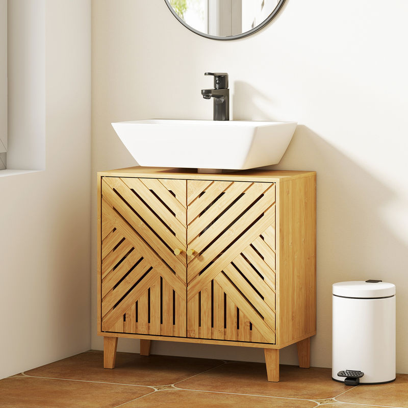HOMCOM Bambus Waschtischunterschrank in Natur mit 2 Türen und verstellbarem Regal im skandinavischen Stil, B/T/H: 60 x 30 x 60 cm - Bild 2
