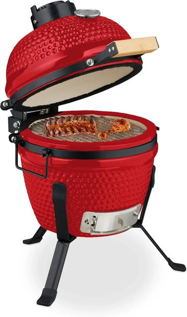 Relaxdays Kamado Kugelgrill aus Keramik in Rot mit Thermometer, B/T/H: 56,5 x 43 x 46 cm - Bild 1