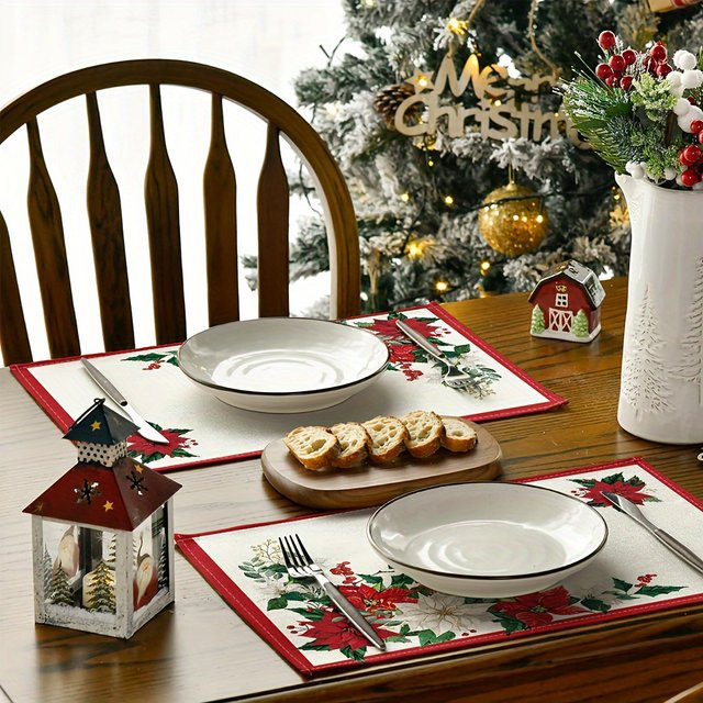 VIKAMA Hitzebeständige Topf-Tischmatte aus Baumwolle mit beige floralem Weihnachtsmuster, rechteckig - Bild 1