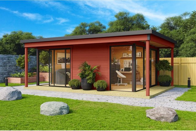 Lasita Holz-Gartenhaus Domeo 3 mit Loggia und Flachdach in Schwedenrot, Blockbohlenbauweise, Breite: 508,8 cm, Tiefe: 321,9 cm, Höhe: 239,4 cm - Bild 1