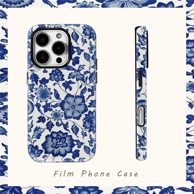 Magnetische Handyhülle von Potdemiel mit blau-weißem Blumenmuster für iPhone 17 16 15 14 13 Pro Max Plus, robuste Einzel- und Doppelschicht-Schutzhülle - Bild 1