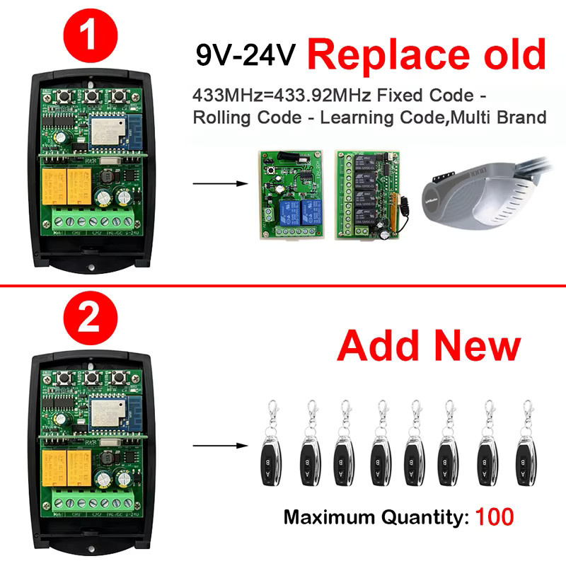 Tuya universeller 2-Kanal WLAN Smart-Switch Garagentor-Empfänger mit 433MHz Funkmodul für Rolling Code und festen Code - Bild 2