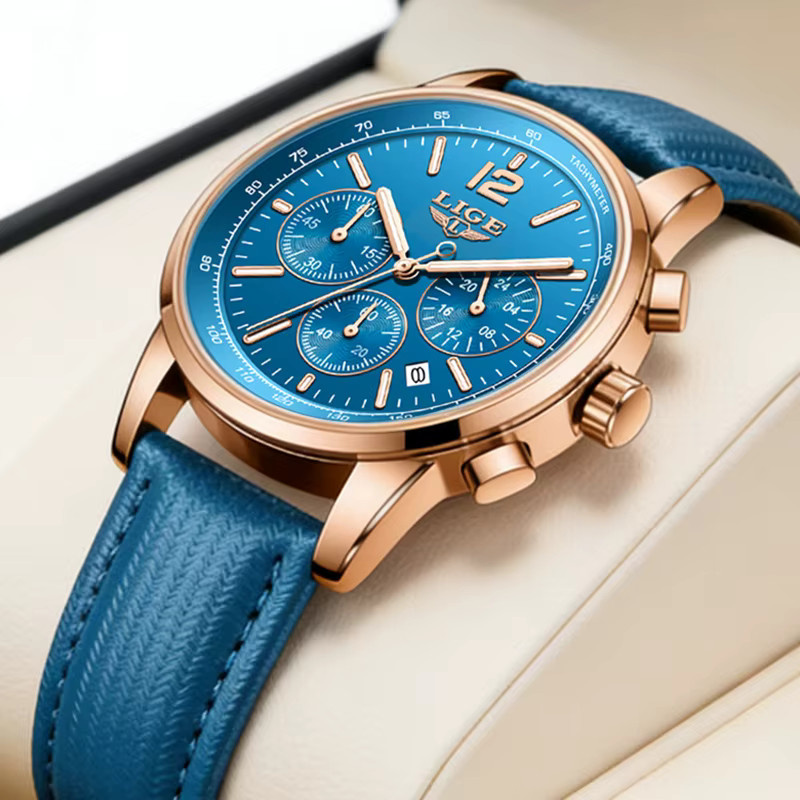 LIGE Armbanduhr Chronograph, Quarz, Leder, Blau, Roségold, Herren - Bild 3