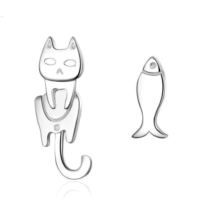 GaGa-Duck Ohrringe, asymmetrisch, Katzen und Fisch, 925 Silber - Bild 4