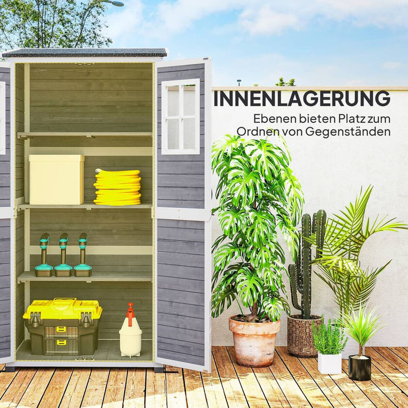 Outsunny Gartenschrank aus Tannenholz in Hellgrau mit abschließbarer Tür, Fenstern und Regalböden, B/T/H: 91 x 69 x 192 cm - Bild 5