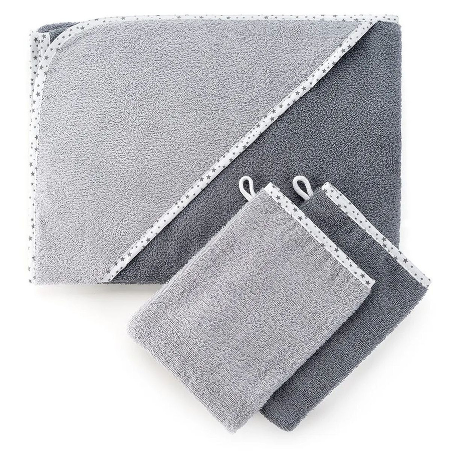Wörner 3-tlg. Bade-Set für Babys aus Baumwolle mit Kapuzenbadetuch und 2 Waschhandschuhen, Farbe Grau mit Sternen, B/T/H: 80 x 80 cm - Bild 1