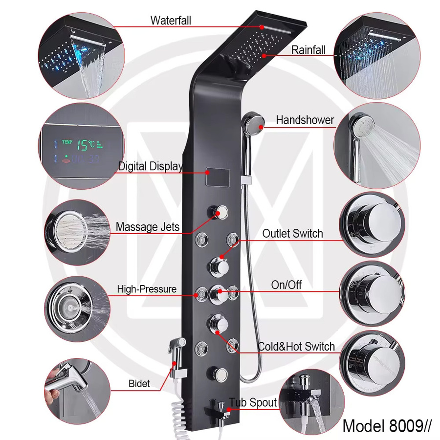 MYQualife LED Duschsystem in Matt Schwarz mit Regendusche, Massagefunktion, Wasserfall-Panel und Handbrause - Bild 4