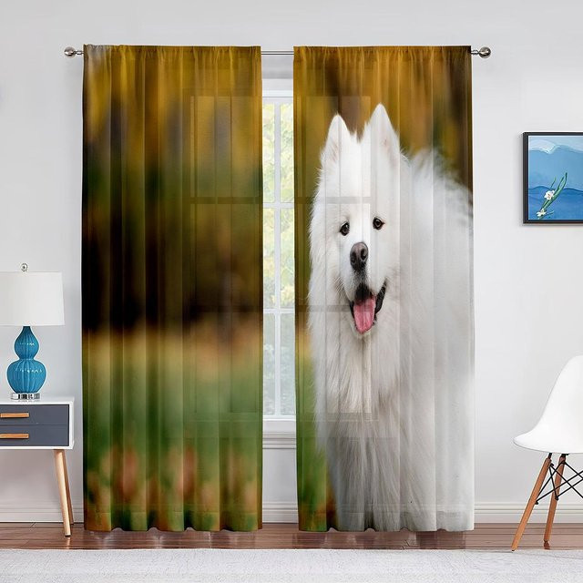 Transparenter Samojede Hund Tüllvorhang mit Blumenzweig Motiv aus Chiffon, Breite: 100 cm, Höhe: 250 cm - Bild 1
