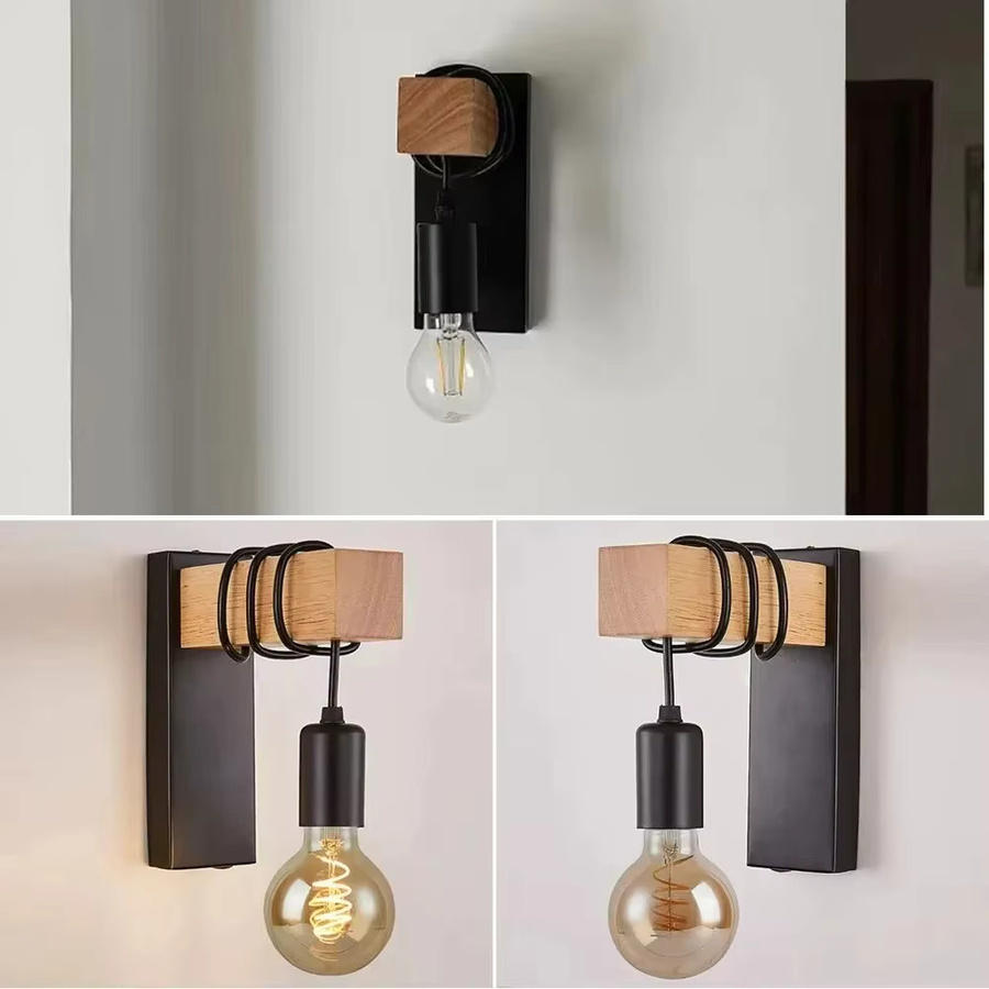 JOYINLED Retro Wandleuchte aus Holz im Industriestil mit E27 Fassung, Schwarz, Warmweißes Licht - Bild 6