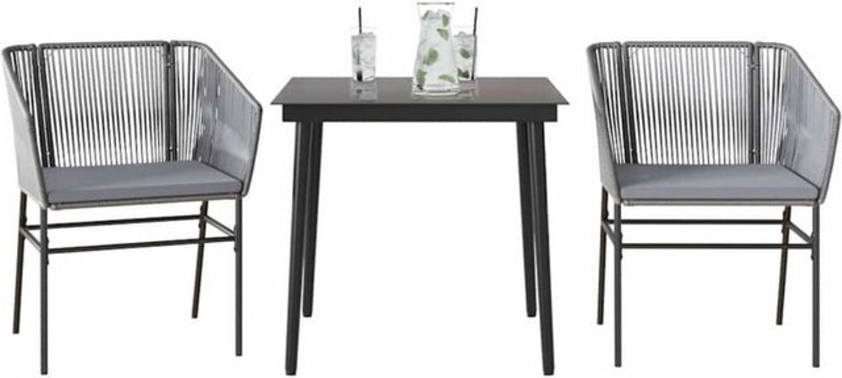 3-teilige moderne Garten-Essgruppe aus Poly-Rattan und Glas mit Kissen in Grau und Schwarz von vidaxl - Bild 1