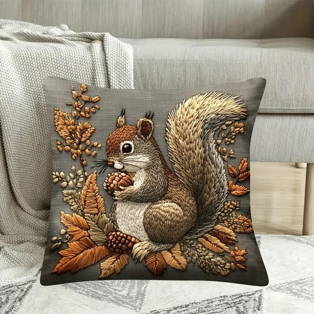 VIKAMA Kissenbezug mit Eichhörnchen-Stickerei im Vintage Landhaus-Stil, Braun, B/H: 60 x 60 cm - Bild 1