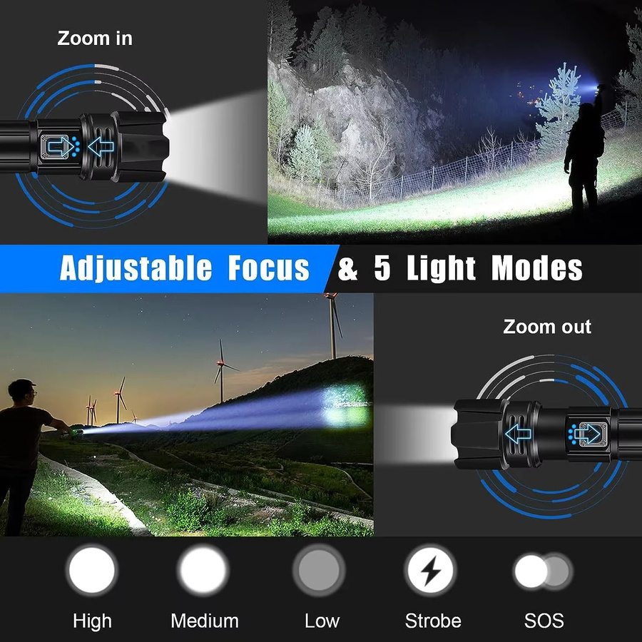 XIWANGFIRE LED Taschenlampe in Schwarz, USB wiederaufladbar und zoombar, taktische Notfall-Taschenlampe aus Aluminium - Bild 3