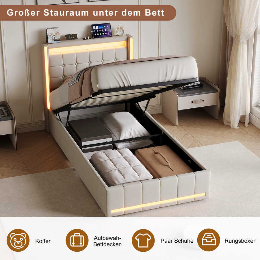 Modernes Polsterbett mit Bettkasten und 2 Schubladen in Beige/Grau, B/T/H: 90 x 200 cm, mit LED-Beleuchtung, USB-Anschluss und Holzlattenrost - Bild 7