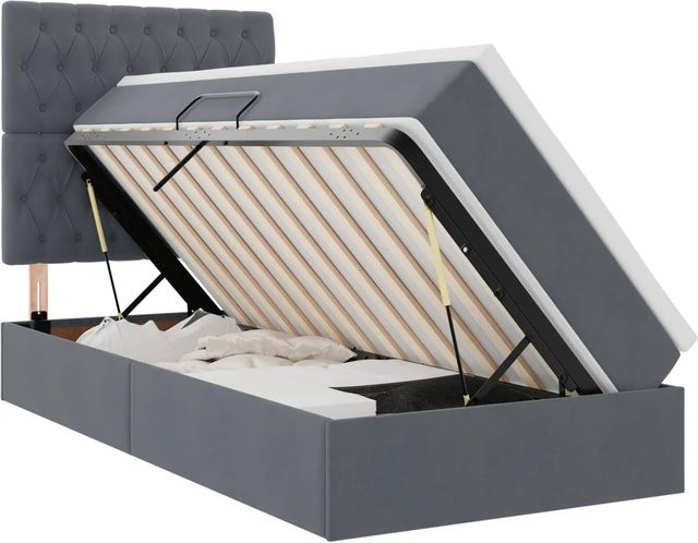 vidaXL Bett mit Stauraum und LED in Dunkelgrau aus Samt, B/T/H: 100 x 200 x 128 cm - Bild 1