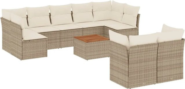 vidaXL 10-teilige Garten-Sofagarnitur aus Poly-Rattan und Akazienholz mit Kissen in Beige - Bild 1