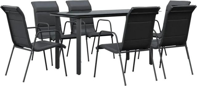 vidaXL 7-teilige Garten-Essgruppe aus Stahl und Textilene in Schwarz mit Glastisch für Terrasse und Außenbereich, B/T/H: 110 x 70 x 74 cm - Bild 1