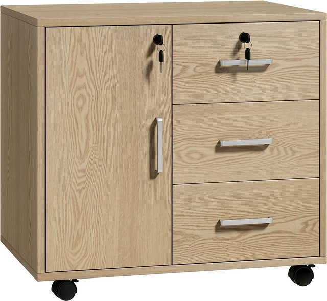 HOMCOM Rollcontainer Büro Aufbewahrung mit 3 Schubladen und verstellbarem Einlegeboden, abschließbar, hellbraun, B/T/H: 40 x 60 x 56 cm - Bild 1