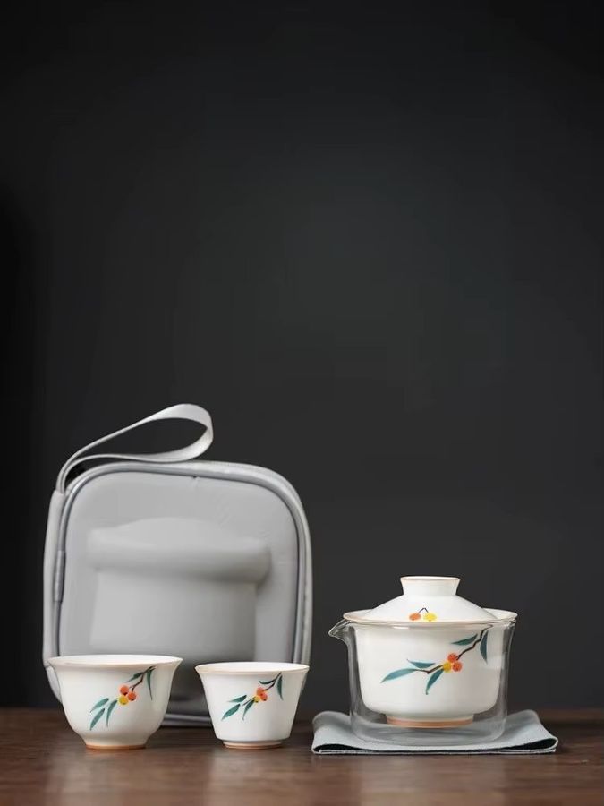 Handbemaltes Ercai Reise-Teeset aus Glas mit floralem Design und Teekanne für unterwegs - Bild 5
