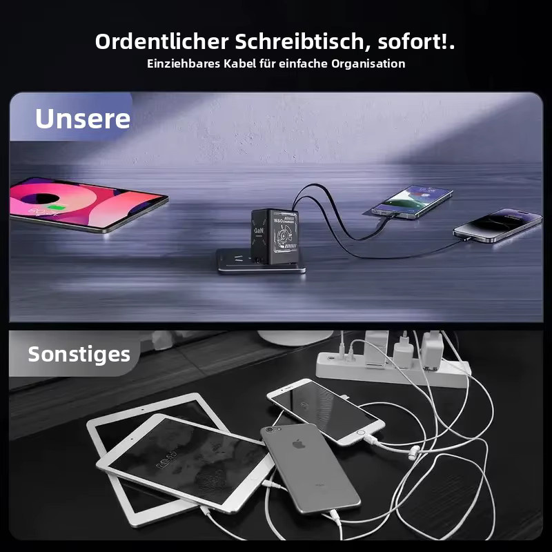 120 W GaN Dual USB-C Schnellladegerät in Schwarz mit einziehbarem 80 cm Kabel und faltbarem Stecker - Bild 4