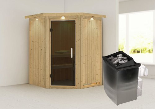 Karibu Sauna Tartu für 3 Personen mit 9 kW Saunaofen und integrierter Steuerung, beige - Bild 1
