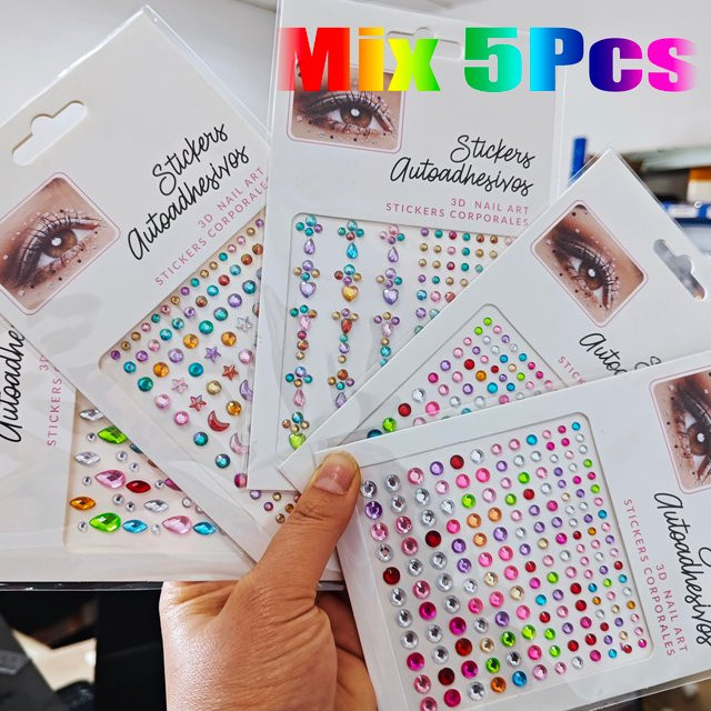 HotPress Gesicht Aufkleber, Stern Herz Runde Strass, Glänzend, 5er Set - Bild 1