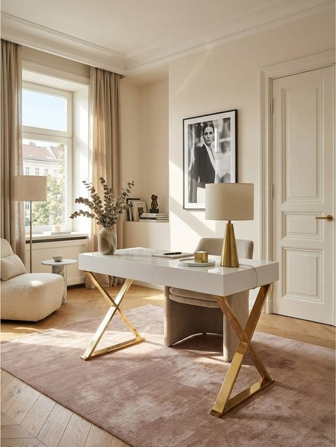KADIMA DESIGN Schreibtisch Modern in Hochglanz Weiß mit goldenen Metallbeinen, B/T/H: 118 x 76 x 57 cm - Bild 1