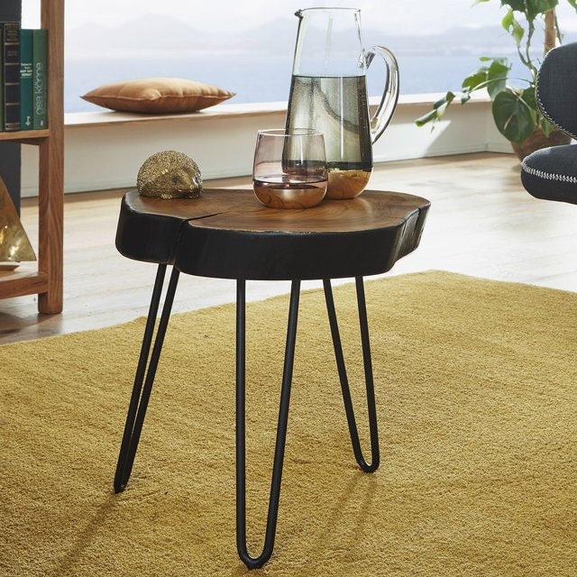 FineBuy Beistelltisch aus Massivholz Sheesham in Braun, moderner Wohnzimmertisch als Baumscheibe, B/T/H: 35 x 35 x 46 cm - Bild 1