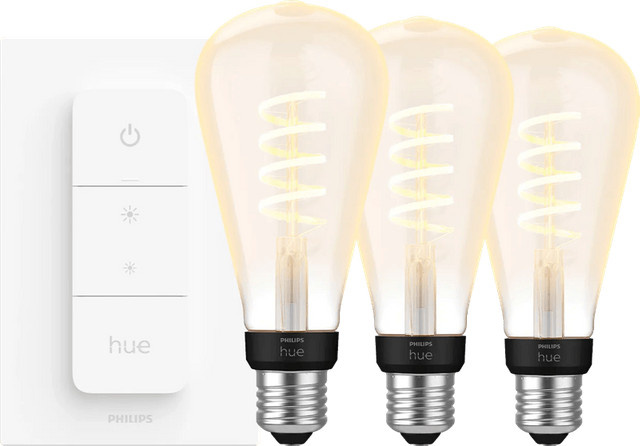Philips Hue Filament White Ambiance Edison XL LED-Leuchtmittel im 3er-Pack mit Dimmer und Fernbedienung, transparentes Glas - Bild 1