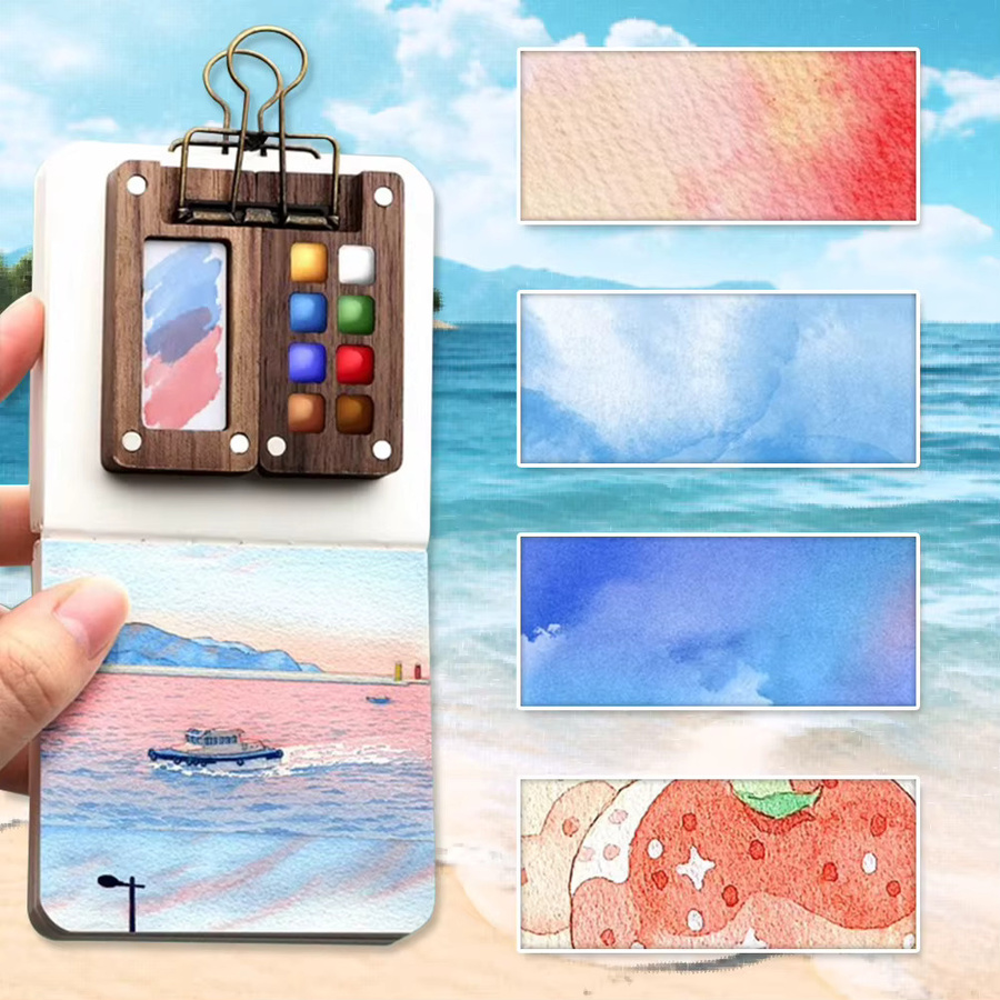 APWIKOGER Mini-Reisepalette aus Holz mit Clip und Aquarelltasche, 8/15 Gitter, Braun - Bild 3