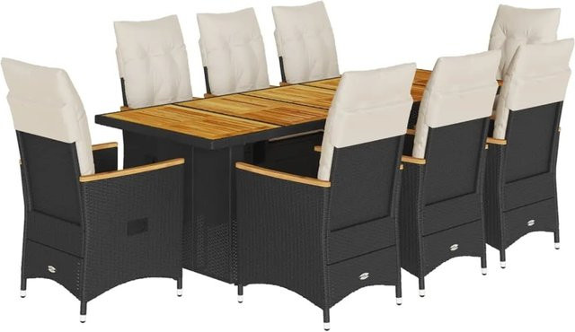 vidaXL 9-tlg. Garten-Bistro-Set aus PE-Rattan und Akazienholz in Schwarz mit Kissen - Bild 1