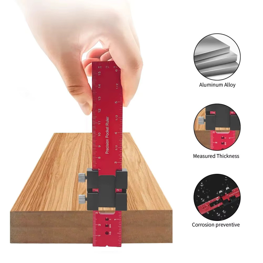 FNICEL Präzisions-Taschenlineal T-Typ für die Holzbearbeitung in Rot mit Zoll- und metrischen Indikatoren - Bild 5