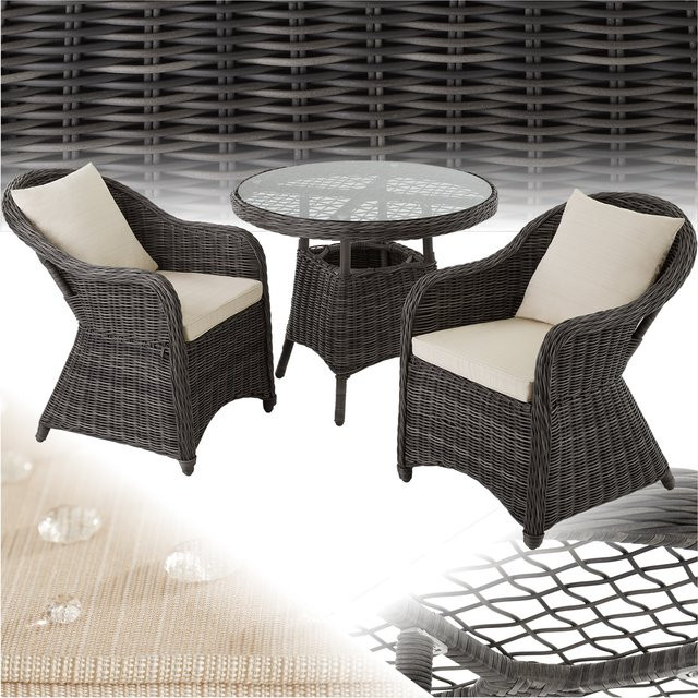 tectake Polyrattan Sitzgruppe mit Aluminiumgestell und Glasplatte in Grau, wetterfest für Garten, Terrasse oder Balkon, B/T/H: 71 x 60 x 84 cm - Bild 1