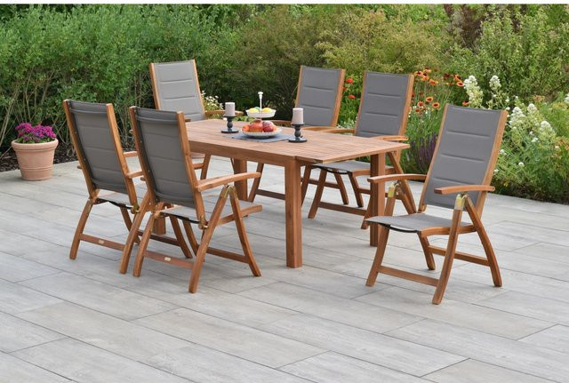 Merxx Acapulco Gartenmöbel Set 7-teilig mit ausziehbarem Gartentisch aus Akazienholz und Textilbespannung, B/T/H: 150 x 90 x 74,5 cm (ausziehbar auf 200 x 90 cm) - Bild 1