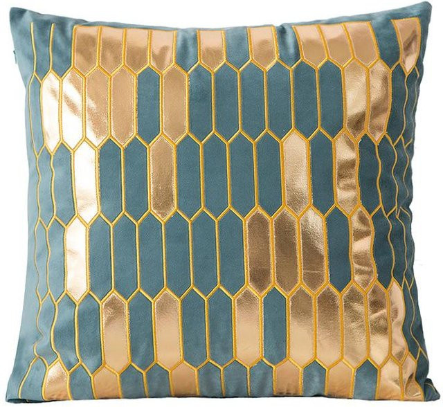 Gold bestickter Kissenbezug aus niederländischem Samt mit abstraktem geometrischem Muster, B/H: 45 x 45 cm - Bild 1