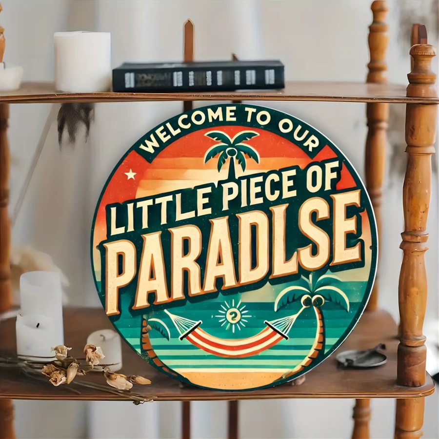 Potdemiel Vintage Aluminiumschild Welcome to Our Little Piece of Paradise Rund mit tropischem Motiv, Durchmesser: 20 cm, Mehrfarbig - Bild 4