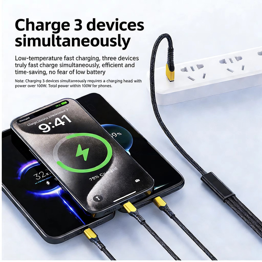 VBVC 3-in-1 USB-C Schnellladekabel mit 100W Leistung, 3x USB-C Anschlüsse, Schwarz - Bild 5