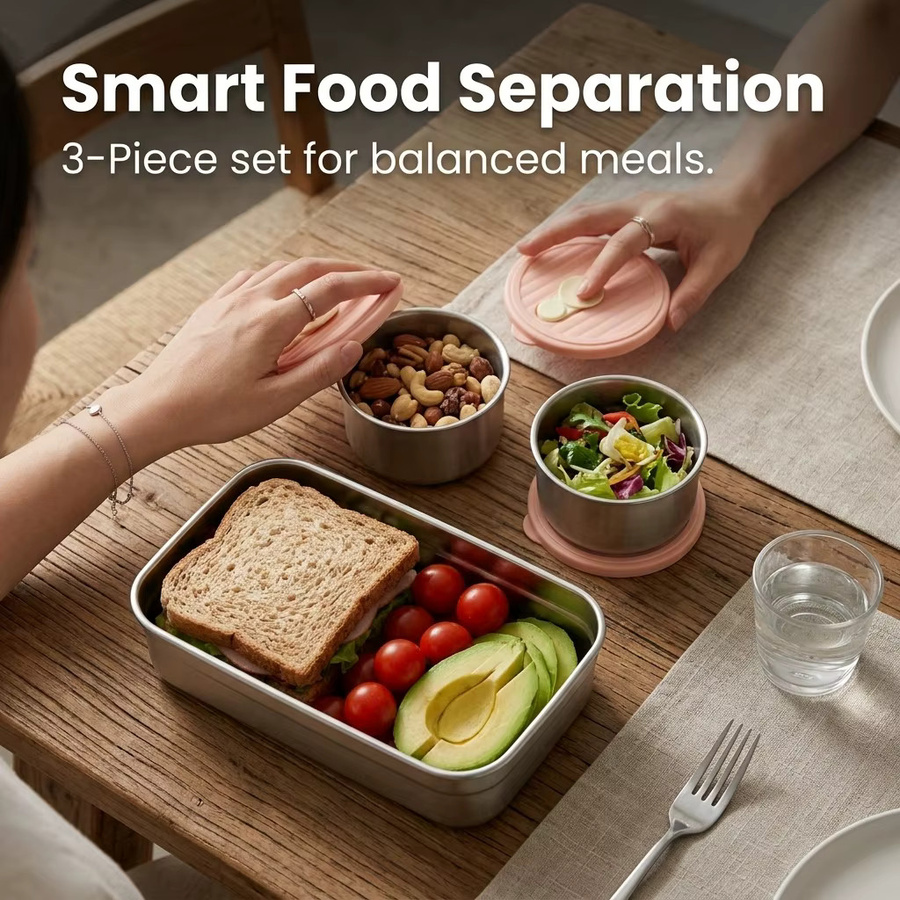 WORTHBUY Bento Lunchbox-Set aus 304 Edelstahl in Grün, mikrowellengeeignet mit Snap-Lid für Kinder und Erwachsene - Bild 4