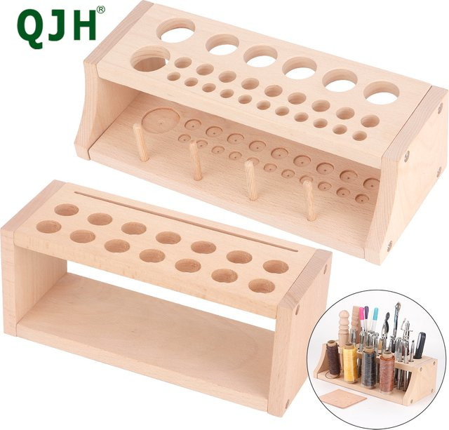 QJH Werkzeugregal aus Holz für Lederhandwerk in Braun als Organizer für Spulen, Schneidemesser und Stempelstanzer - Bild 1