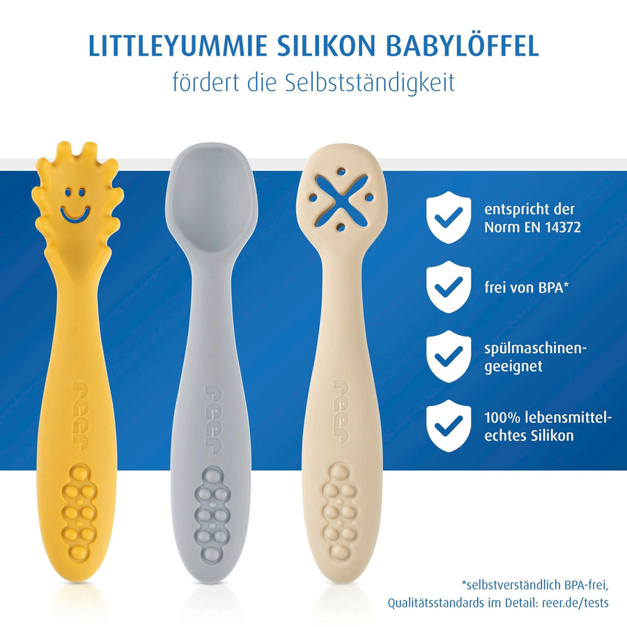 Reer LittleYummie Silikon-Löffel für Kinder, 3er-Pack, Mehrfarbig (Gelb, Grau, Multicolour) - Bild 2