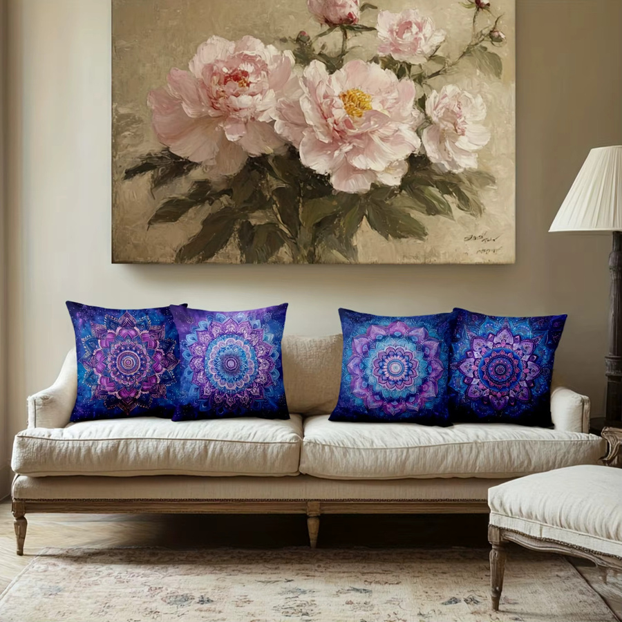 VIKAMA 4-teiliges Mandala-Kissen-Set im Boho-Stil, blau und lila, quadratisch, 45 x 45 cm - Bild 3