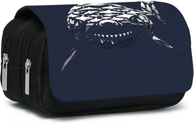 Fancy Style Studio Doppellagiges Klapp-Federmäppchen mit Haifisch-Meeresdruck in Blau - Bild 1