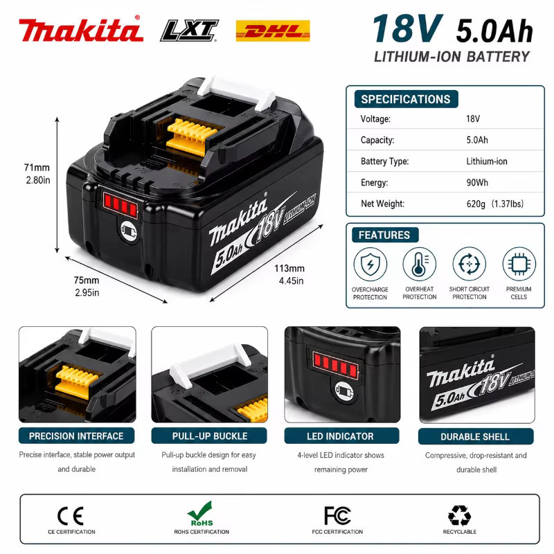 Makita Li-Ionen-Akku 18V 5,0Ah Ersatz für LXT Kabellose Werkzeuge, Farbe: Schwarz - Bild 4