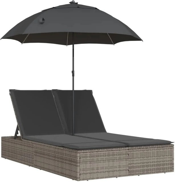 vidaXL Doppel-Sonnenliege aus Polyrattan mit Sonnenschirm und Kissen in Grau - Bild 1