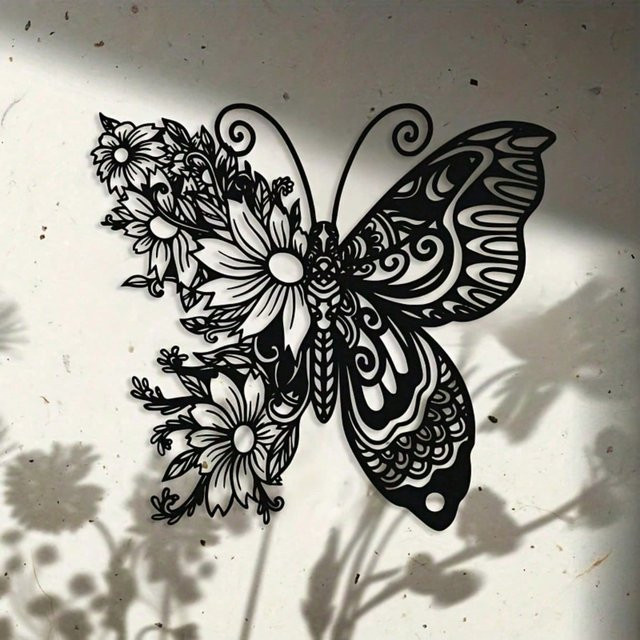 Gotische Wandkunst aus Metall von CIFBUY mit Schmetterlingen und Blumen in Schwarz-Weiß für Innen- und Außenbereiche - Bild 1