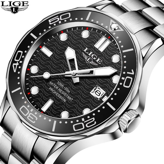 LIGE Armbanduhr Edelstahl, Quarz, Datum, Schwarz, Herren - Bild 1