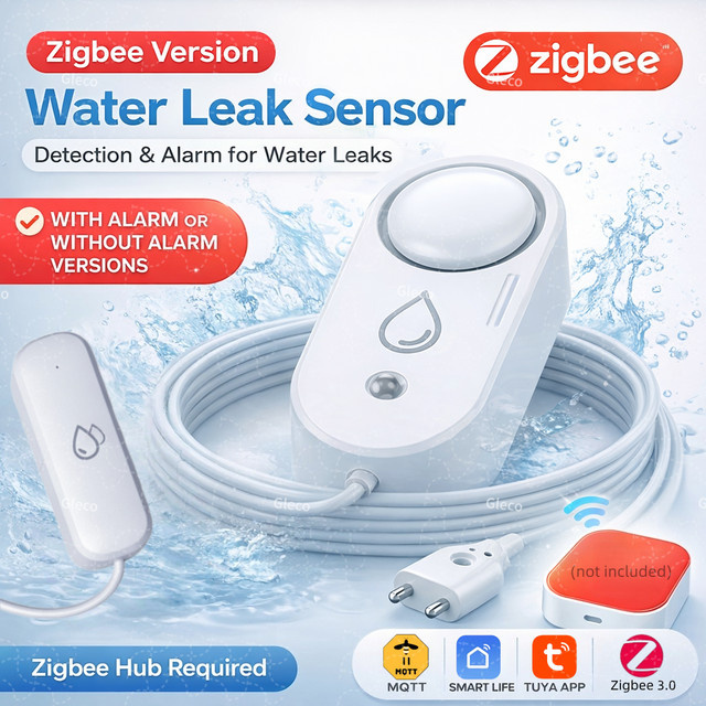 Coolo Zigbee Wasserlecksensor mit Sirenenalarm und App-Benachrichtigung für Tuya Smart Life, Weiß, Erfordert Z2M-Gateway - Bild 1